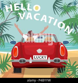 Young man sitting in red cabriolet car with raised open arms outstretched, on beach near ocean. Back view. Lettering Hello Vacation. Simplistic realis Stock Vector
