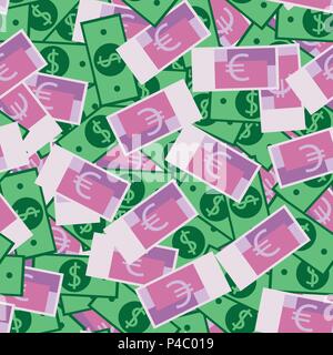 Seamless money pattern with many euro and dollar currency signs. Paper banknotes in chaotic manner. Flat hand draw style Stock Vector