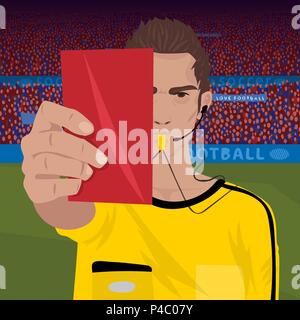 Close up of soccer referee whistling and holding red card. Football field and spectators area on background. Removal player concept. Realistic cartoon Stock Vector