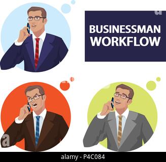 Set of businessmen talking on phone with different emotions, serious, angry, cheerful. Icons portraits of men in round frames. Simplistic realistic co Stock Vector