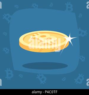 Close up isolate shiny gold bitcoin coin with lens flare. Revenue or big profit concept. Simplified realistic cartoon style Stock Vector
