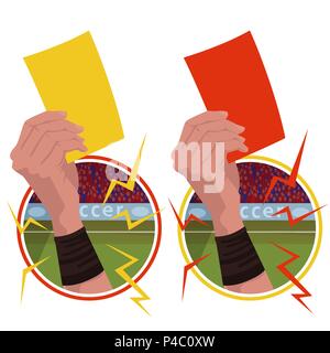 Set of round emblems or stickers with close up of soccer referee hand holding yellow card and football umpire hand holding red card. Realistic cartoon Stock Vector