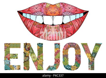 Hand-painted art design. Hand drawn illustration word ENDJOY with silhouette of lips for t-shirt and other decoration Stock Vector