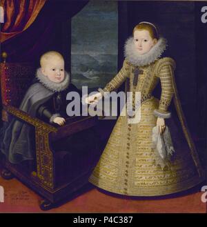 LOS INFANTES DON FELIPE IV Y DOÑA ANA - 1607. Author: Juan Pantoja de la Cruz (1554-1608). Location: KUNSTHISTORISCHES MUSEUM / MUSEO DE BELLAS ARTES, WIEN, AUSTRIA. Stock Photo