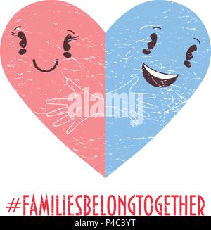 Family belong together trendy vector illustration: two halves of Heart symbol as metaphor of family unity. Stop separating families poster or banner.  Stock Vector