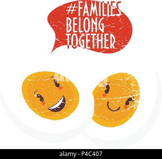 Family belong together trendy vector illustration: two halves of an egg as metaphor of family unity. Stop separating families banner. Hashtag Families Stock Vector
