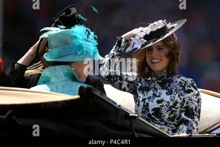 Princess Eugenie of York (right), Anne Princess Royal (left) and Princess Beatrice of York (hidden) arriving at the racecourse during day three of Royal Ascot at Ascot Racecourse. Stock Photo