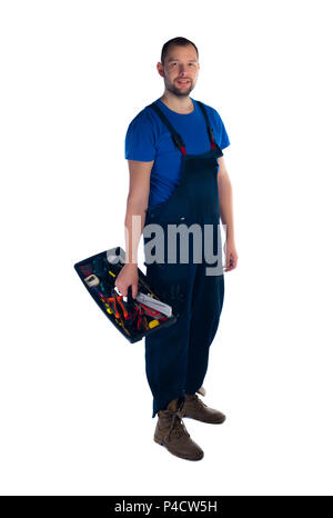 Adult worker holding his tool set isolated on white Stock Photo