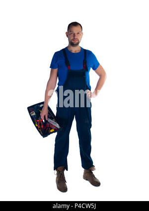 Adult worker holding his tool set isolated on white Stock Photo
