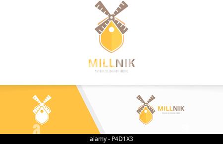 Vector mill and shield logo combination. Farm and security symbol or icon. Unique windmill and guard logotype design template. Stock Vector