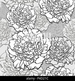 Peonies. T-shirt design. Sketched flower print in monochrome colors - seamless background. Hand-drawn vector illustration. Stock Vector