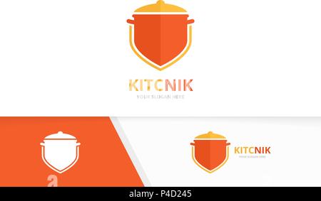 Vector pot and shield logo combination. Kitchen and security symbol or icon. Unique pan and guard logotype design template. Stock Vector