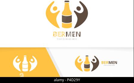 Vector bottle and people logo combination. Beer and family symbol or icon. Unique alcohol and team logotype design template. Stock Vector
