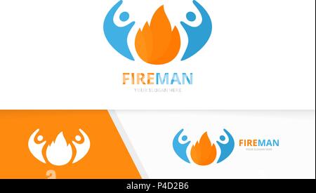 Vector fire and people logo combination. Flame and family symbol or icon. Unique torch and team logotype design template. Stock Vector