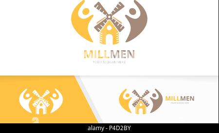 Vector mill and people logo combination. Farm and family symbol or icon. Unique windmill and team logotype design template. Stock Vector