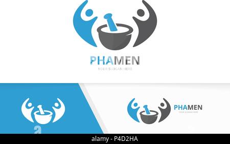 Vector pharmacy and people logo combination. Pounder and family symbol or icon. Unique mortar and pestle logotype design template. Stock Vector
