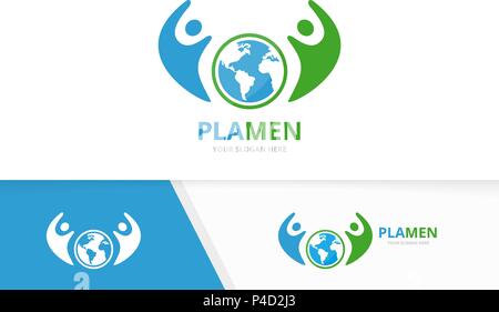 Vector world and people logo combination. Earth and family symbol or icon. Unique globe and team logotype design template. Stock Vector