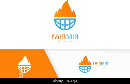 Vector fire and planet logo combination. Flame and world symbol or icon. Unique torch and globe logotype design template. Stock Vector