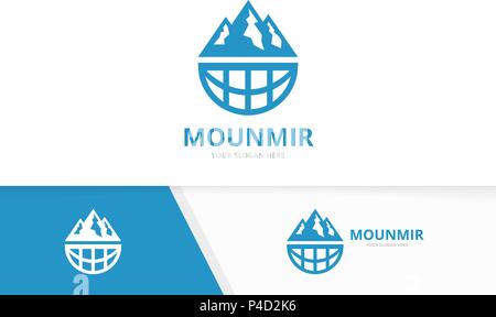 Vector mountain and planet logo combination. Nature and world symbol or icon. Unique hill and globe logotype design template. Stock Vector