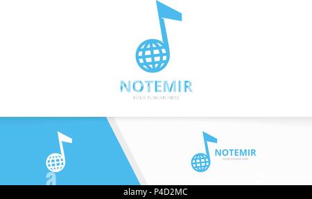 Vector note and planet logo combination. Music and world symbol or icon. Unique sound and globe logotype design template. Stock Vector