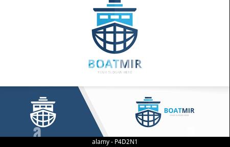 Vector ship and planet logo combination. Boat and world symbol or icon. Unique yacht and globe logotype design template. Stock Vector