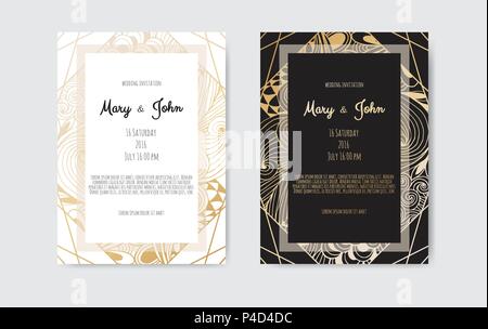 Golden Vector invitation with floral elements. Stock Vector