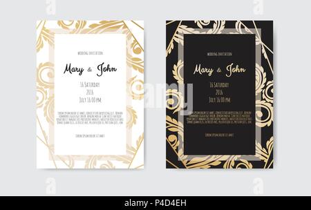 Golden Vector invitation with floral elements. Stock Vector