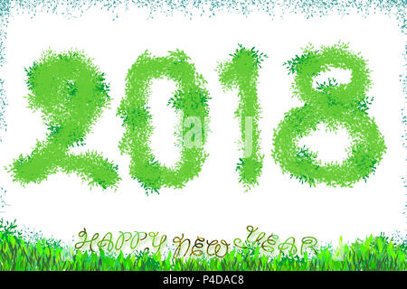 2018 Happy New Year. Text calligraphic green leaf design card template. Creative typography for Holiday Greeting Gift Poster. Calligraphy font style B Stock Photo
