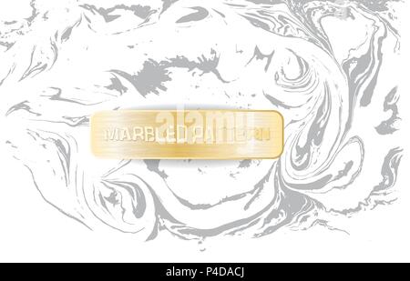 White and gray marble pattern. Light marbling texture. Decorative marbled background with gold banner. Vector illustration. Stock Vector