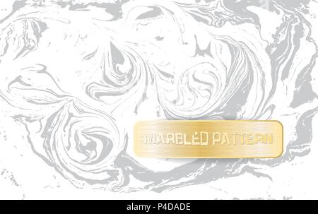 White and gray marble pattern. Light marbling texture. Decorative marbled background with gold banner. Vector illustration. Stock Vector