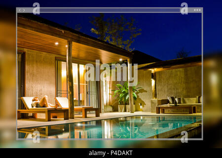 Web site page design concept, modern house with swimming pool background. Stock Photo