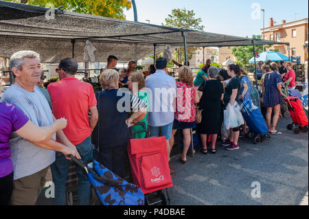 Spanish people at a fruit & veg stall at a weekly market in Axarquía, la Cala del Moral municipality of Rincón de la Victoria, Malaga, Spain. Stock Photo