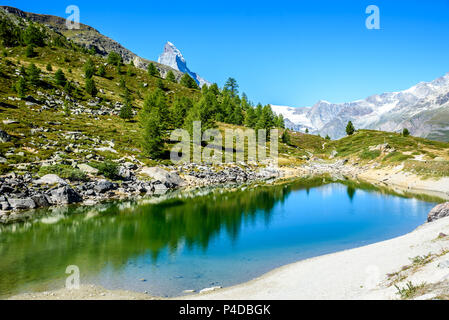 Gruensee (Green lake) with view to Matterhorn mountain - trekking in the mountains near Zermatt in Switzerland Stock Photo