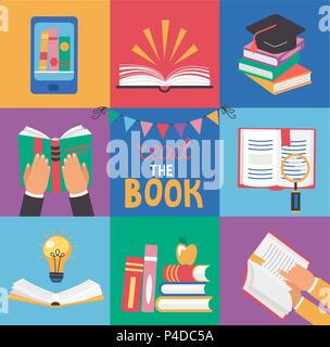 Set of 9 icons with book concepts - knowledge, learning and education, in flat design style. Abstract pile of books, open and closed books, hands with books. Vector illustration. Stock Vector