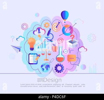 Creative infographic concept of different knowledges in our mind. Different signs and symbols in our head after education. Color division into the left and right half of the brain.Vector illustration. Stock Vector