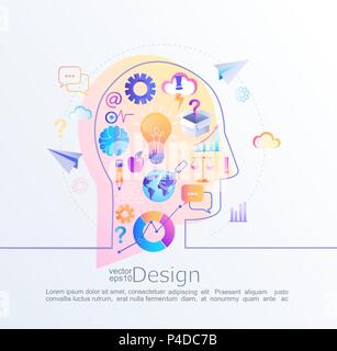 Creative infographic concept of big inspiration in our brain with head profile.Effective thinking. Various signs and symbols, business icons in flat style that lead to an big idea.Vector illustration. Stock Vector