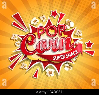 Exploding label for popcorn on sunburst background. Cartoon super snack and not healhty fast food. Perfect for your design for street trade. Vector illustration. Stock Vector