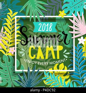 Summer camp 2018 with handdrawn lettering in square frame on jungle background with tropical leaves. Vector illustration. Stock Vector