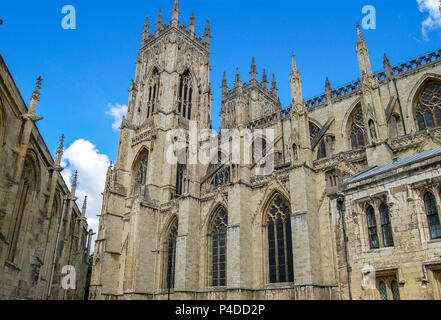 York Minster Abbey from the side of the Abbey that contains a public entrance and Minster Shop. Stock Photo