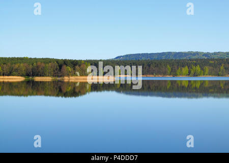 Lake with forest line mirrored into calm water surface. Cedzyna lake near Kielce. Poland, The Holy Cross Mountains. Stock Photo