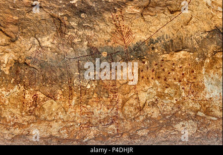 Ancient Indian pictographs at Fate Bell Rockshelter in Seminole Canyon State Park and Historic Site near Comstock, Texas, USA Stock Photo