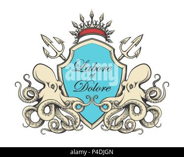 Hand Drawn Coat of Arms with Octopus and Tridents. Vector Illustration. Stock Vector