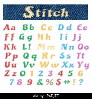 Colorful Hand Drawn alphabet in stitched style. All letters and numbers isolated on white. Vector Illustration. Stock Vector