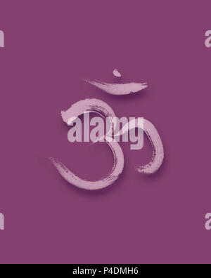 Sanscrit sacred symbol Om or Aum, spiritual icon design, in purple colors associated with the crown chakra in Yoga. Artistic Japanese Zen illustration Stock Photo