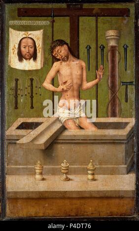 Triptych - Christ 'Patiens' . 45x29 cm. Madrid, Prado museum. Spain. Author: Maestro de la Leyenda de Santa Catalina (fl. c. 1470-c. 1500). Location: MUSEO DEL PRADO-PINTURA, MADRID, SPAIN. Stock Photo