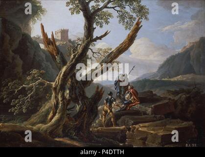 PAISAJE CON CASTILLO Y GUERREROS - OLEO/TABLA - 47 x 66 cm - NP 2795 - ESCUELA FRANCESA. Author: Jean-Antoine Constantin (1756-1844). Location: MUSEO DEL PRADO-PINTURA, MADRID, SPAIN. Stock Photo