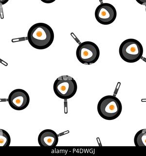 Realistic frying pan with egg icon seamless pattern background. Business concept vector illustration. Skillet kitchen symbol pattern. Stock Vector