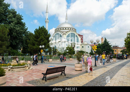 Pedestrian zone and Ebu Beker Mosque, Shkodra, Albania Stock Photo