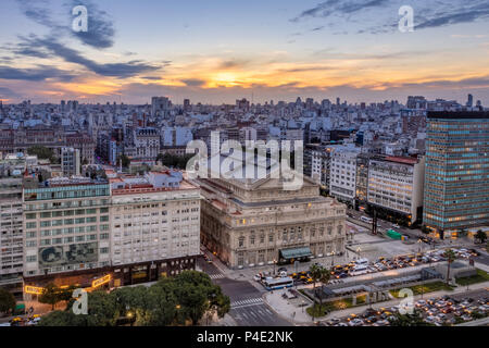 Buenos Aires, Argentina - May 15, 2018: Aerial view of Teatro Colon (Columbus Theatre) and 9 de Julio Avenue at sunset - Buenos Aires, Argentina Stock Photo