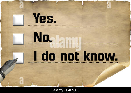 Checkbox with inscription in English 'Yes, No, I do not know' on old document paper. Stock Photo